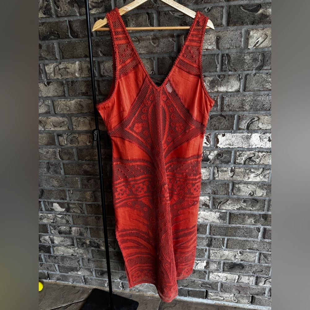 Cleobella Shelby Crochet Midi Dress XL Coral Orange Sheer Boho No Lining - Picture 7 of 16